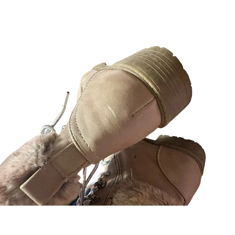 Kids Faux Fur Collar Combat Boots Lace Up Zip Closure‎ Light Pink Casual